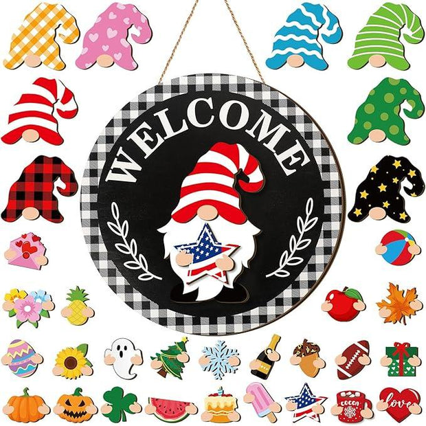 Interchangeable Magnetic Gnome Door & Wall Décor Set – 31-Piece Playful Wooden Gnome